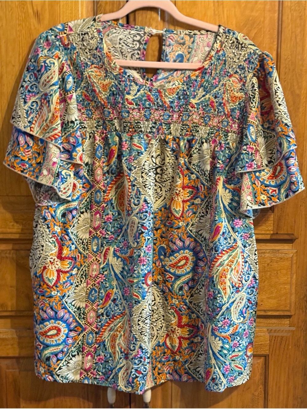 Bohemian Paisley Flutter-Sleeve Women's Top - Blue Multi 3X
